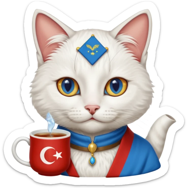 Arkasında Türk bayrağı olan  ve çay içen kafasına fes takan bir van kedisi sticker