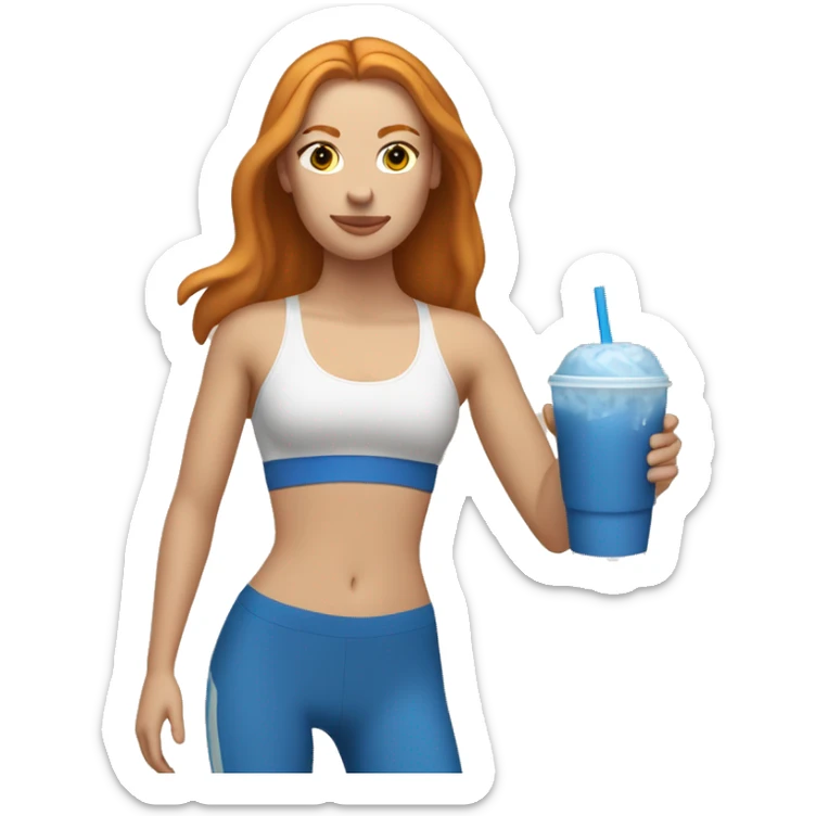 Ginger straight haired white girl in blue sports bra and leggings drinking iced coffee sticker