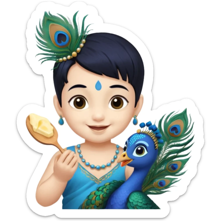 baby krishna, blue skin, medium length black hair, peacock feather in hair,eating butter sticker