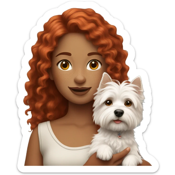 girl with curly red hair and freckles holding a west highland terrier sticker