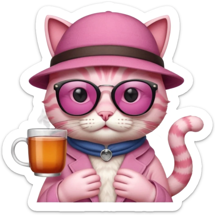 Pink cat with hat, holding cup of tea, wearing sunglasses sticker