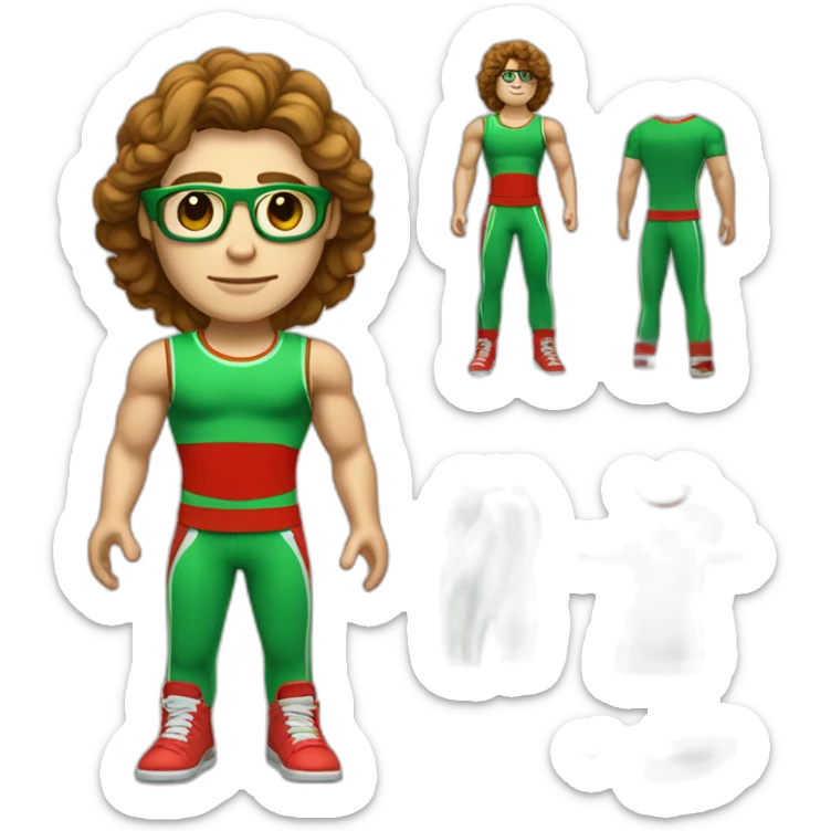 retro 70s red and green gym clothes for a modern white brunette uni male student with glass sticker