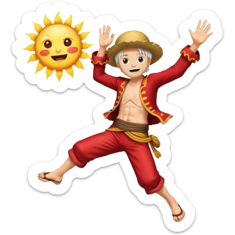 the king of the pirates (luffy) with white hair and clothes jumping in front of the sun sticker