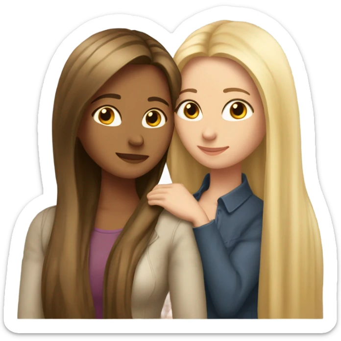 beautiful woman with long straight blonde hair hugging beautiful woman with long straight brown hair sticker
