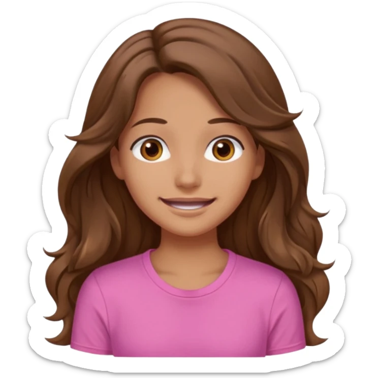 A pretty girl with tan skin and long wavy hair, wearing a pink basic shirt with brown eyes and a closed mouth smile sticker