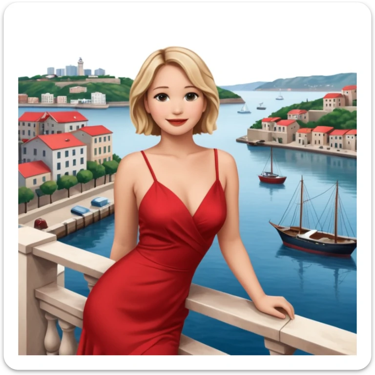 jennifer lawrence, red dress leaning on a balcony with a harbor and cityscape in the background, smiling sticker