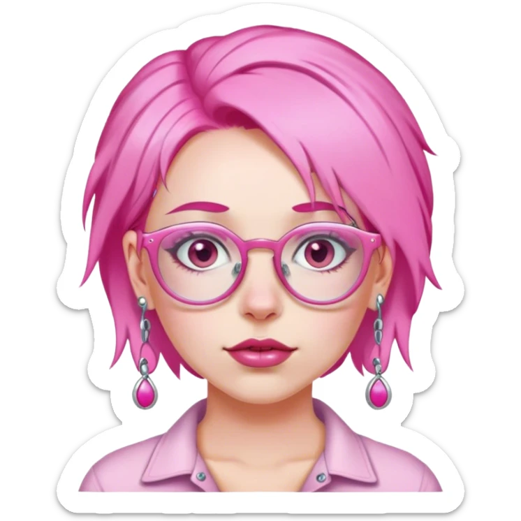 white skin woman in pink hair, piercing and pink glasses on head  sticker