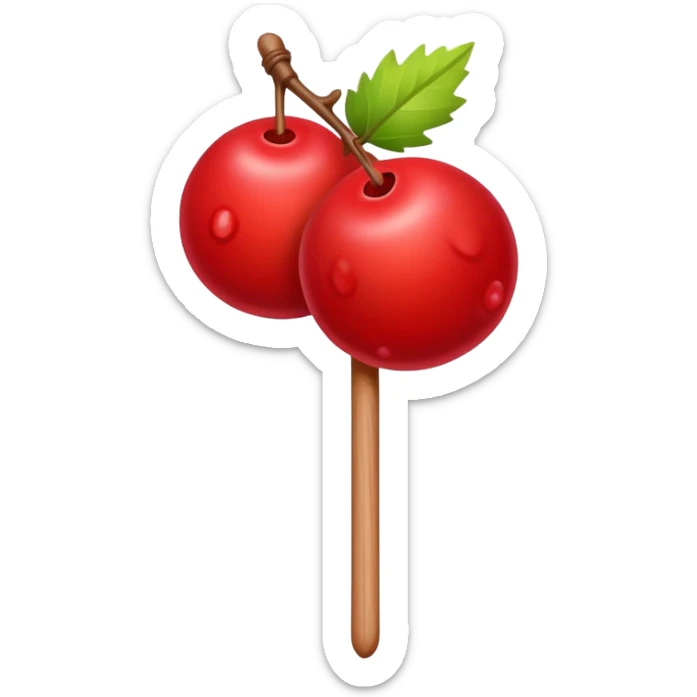 Candied hawthorn fruits on wooden stick Tanghulu, simplified emoji style with bold outlines and bright colors, cartoon style shiny red Chinese sweet sticker