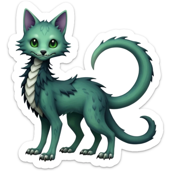 Kawaii spooky dark bleak blackish swampy white-skeletal gloomy ghostly dark greyish dark-deep-greenish foggy eldritch beautiful realistic edgy fantasy ghoul-like stitched feline-vernid-sergal-fursona animal creature with a tufted tail full body with intricate markings  sticker
