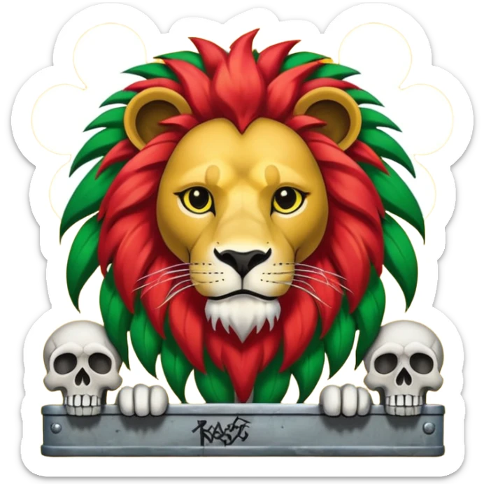 Create a power station with a rasta cap on with red gold green grafite of a lion and skulls with Fred the fossibot grafted on it sticker