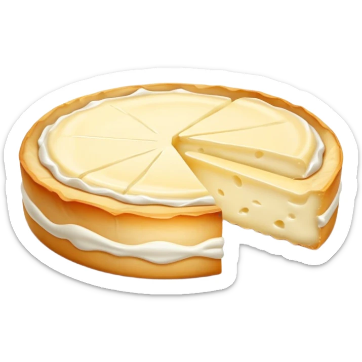 cinematic-realistic-brie-cheese-emoji,-featuring-a-creamy gooey center,-soft-ripened-cheese-with-a-delicate-rind-rendered-with-lifelike-detail-and-inviting,-natural-lighting. sticker