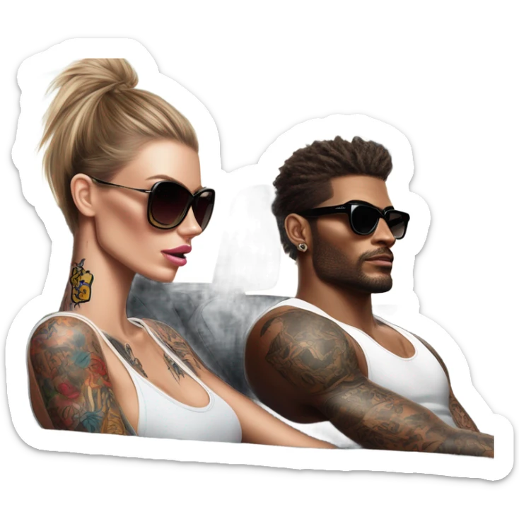 Photo of Victoria secret model driving in a sports car with a tattooed male model  sticker