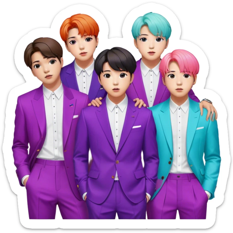 Cinematic Realistic group portrait of BTS featuring all 7 members in stylish modern attire, with detailed facial expressions and vibrant colors, captured in dynamic, contemporary lighting that emphasizes their global pop icon status sticker