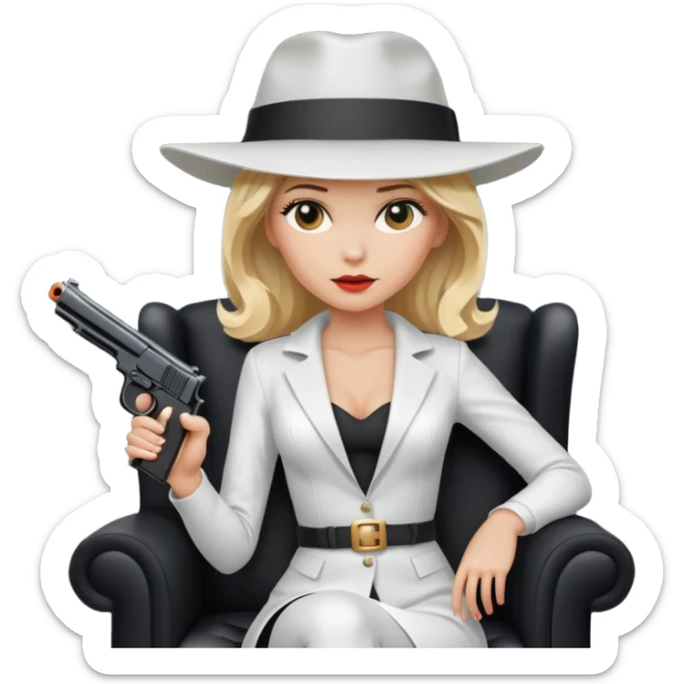 Mafia blondes Evil woman in hat , gun ,black armchair , white costume  sticker