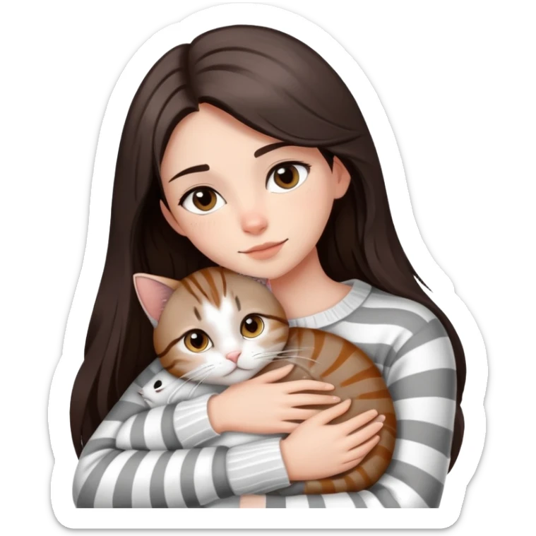 a girl with long dark brown hair, in a
white sweater and brown eyes, hugs a tabby
grey and white strips one cat.  sticker
