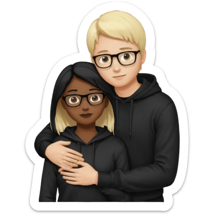 Joven de pelo rubio corto y piel blanca con lentes con poleron negedro abrazando por detrás a una joven de pelo negro largo con partidura al medio, de piel oscura con sus manos en los brazos del joven aceptand su abrazoemoji sticker
