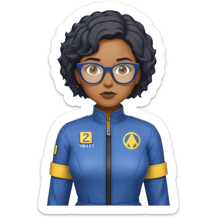 stern Black woman with short textured hair, glasses, wearing blue Fallout Vault jumpsuit with yellow trim and number on back, minimalist sticker