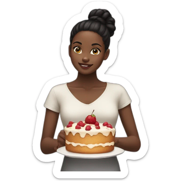 A black girl, black hair in a bun, eat cake without fruits sticker