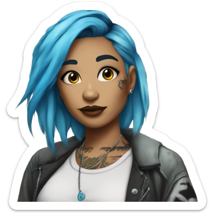 Lady wearing trendy graffiti street clothes with hair with highlights and a blue dyed hair streak and tattoos sticker