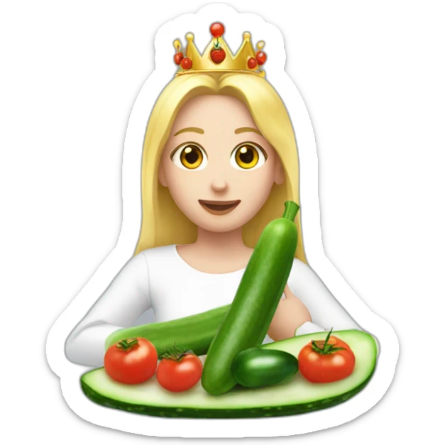 blonde girl  eating  cucumber and tomatoes with white hoodie iridescent and a crown princess sticker