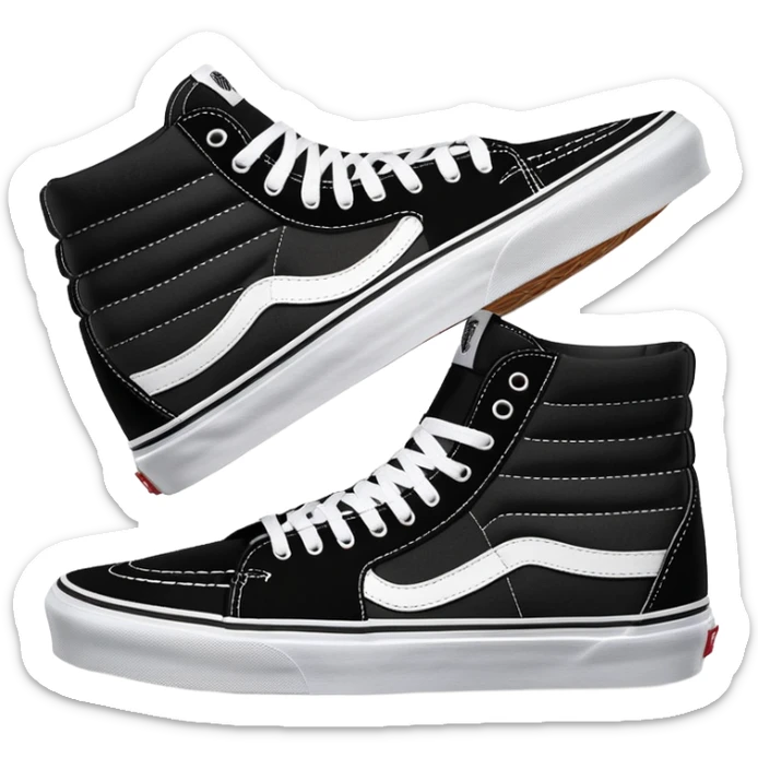 Pair of black Vans Sk8-Hi high top sneakers with white stripe, one positioned behind the other, showing the signature side stripe, black canvas and suede sticker