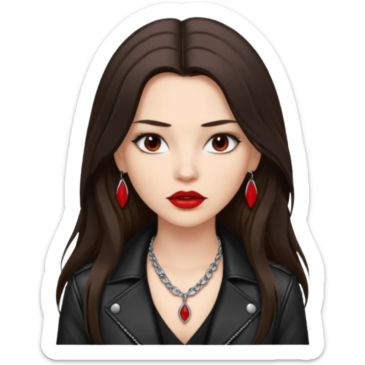 brunette with very long hair in black cuir jacket with red lips and very dark brown eyes and white shirt and mysterious necklace without ear piercing sticker