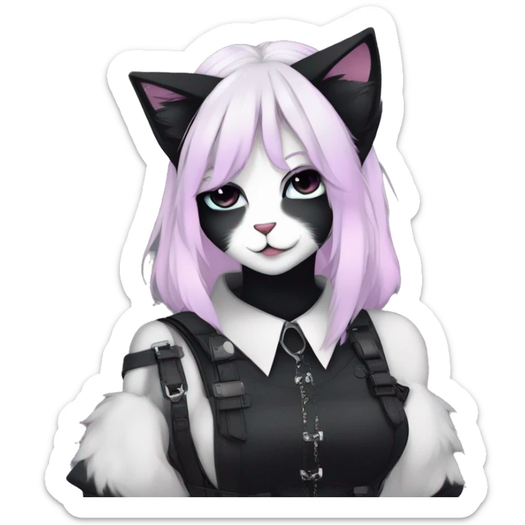 Gorgeous furry gothic dark techwear anime style anthro black cat fursona with blushing face aesthetic and pretty edgy black with collar and harness trending style sticker