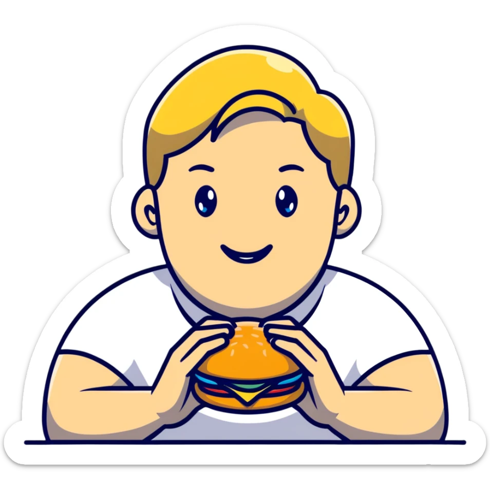 Blonde man with white skin and blue eyes eating a McDonald's hamburger, LGBT pride symbol sticker
