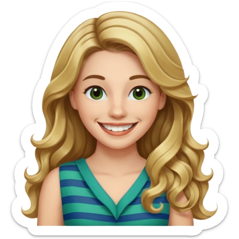 30 yr Caucasian woman long brown wavy hair parted on side blond stripe in hair blue green dress ,big smile white teeth, dimples sticker