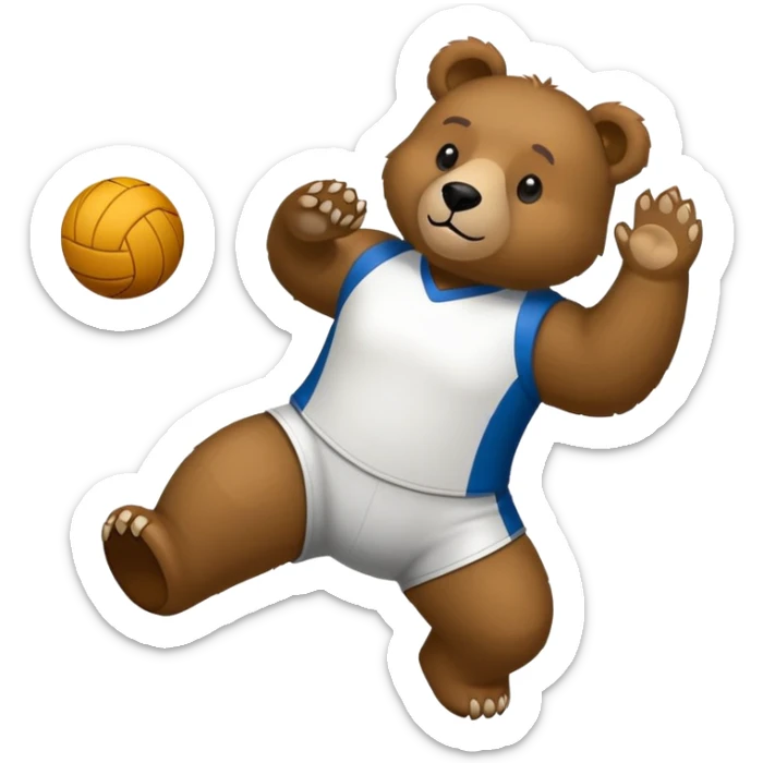 Palla da pallavolo con un orso con una maglia bianca che fa un palleggio e in sottofondo una rete da pallavolo  sticker