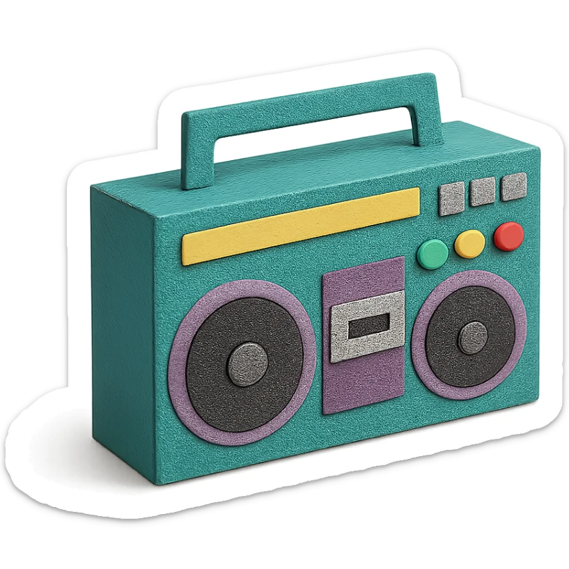 angled view of a paper-craft style boombox with extra details like buttons and speakers sticker