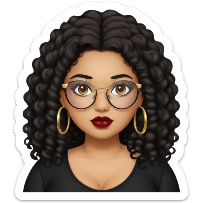 teen big plus size, latina, darker tan skin, gold hoops, long black curly hair, baddie,pretty, makeup, dark red lipgloss, black eyeliner, long hair, black top, black glasses sticker