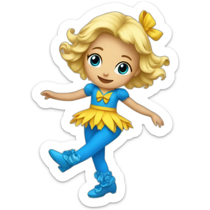 little blonde girl dancing in a blue bird costume sticker