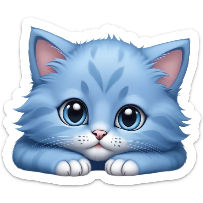 The head of a blue kitten with large eyes, resting on its big paws. Minimalist design with no detailed features, focusing on the kitten's adorable face and large paws. sticker