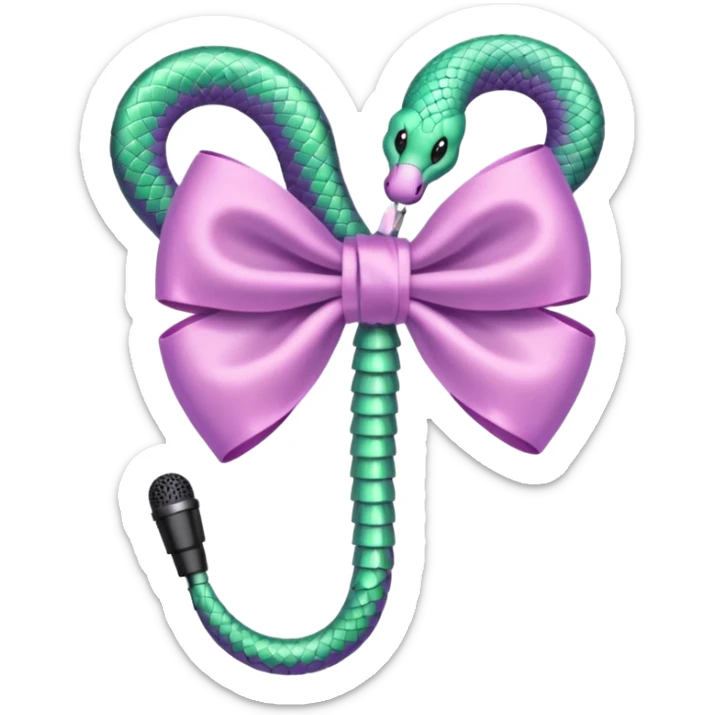 A pastel pink bow with a pastel green snake on the top of one side and a pastel purple microphone on the bottom of the other side sticker