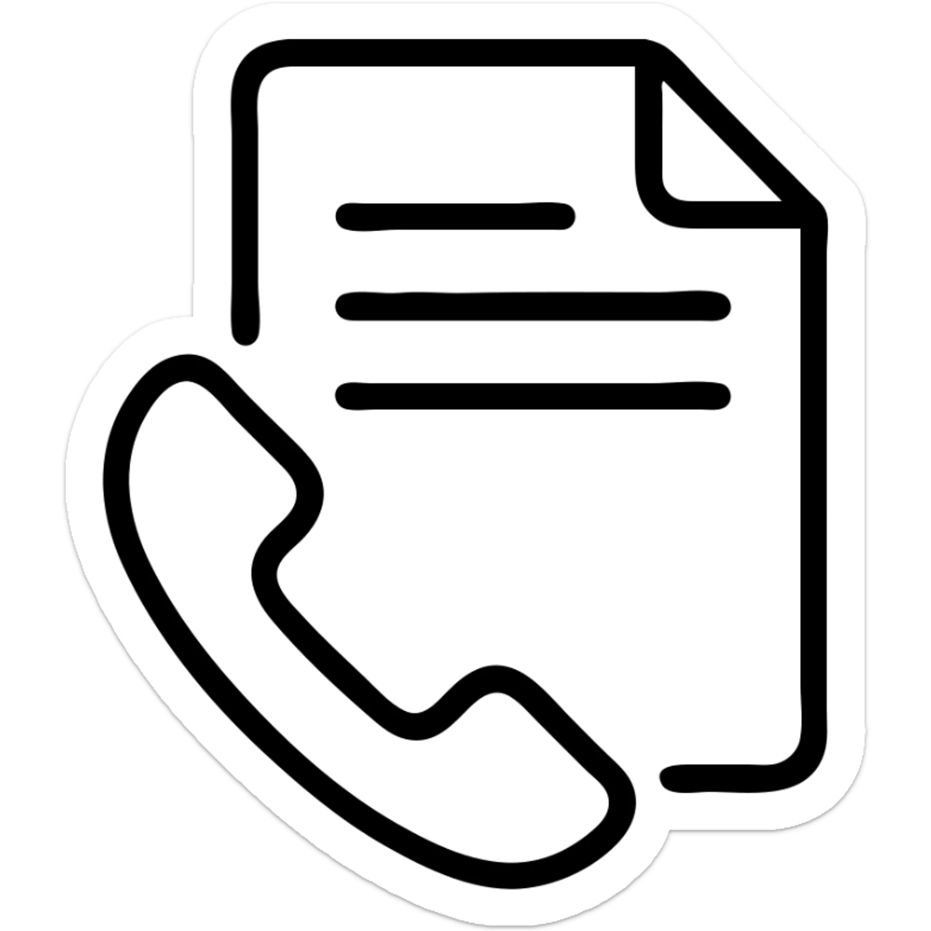 minimal icon of a phone symbol with paper and writing lines, no color, no fill sticker