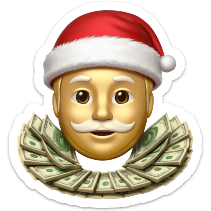 A confident rich emoji face wearing a Santa hat, money stacks, casino vibe, New Year theme, premium 3D emoji style, sharp details, no text, isolated on transparent background sticker