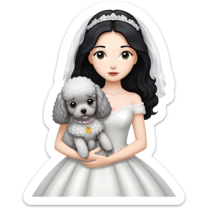 A beautiful girl with long black hair in a wedding dress holds a small gray poodle sticker