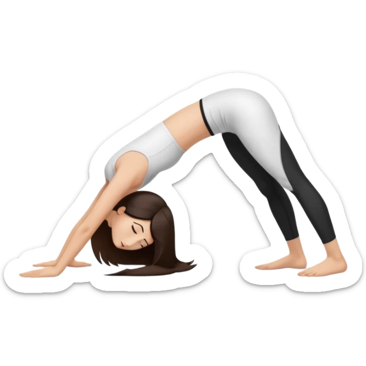 Девушка белокожая в позе собака мордой вниз, с длинными темными волосами, в белом топе, в черных лосинах, с черными ресницами sticker