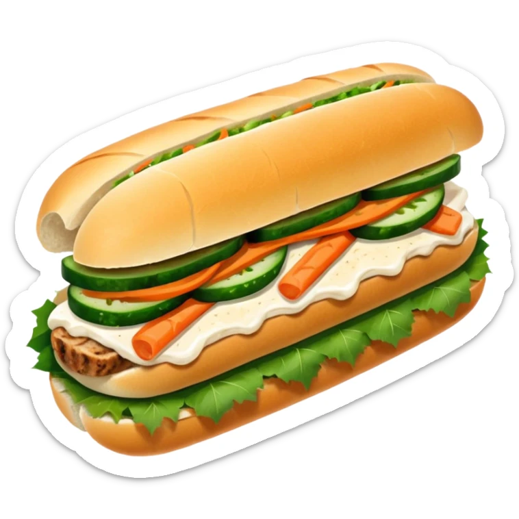 traditional banh mi with char grilled pork emoji 


    Very crusty baguette

    Mayo 

    Pickled carrot 

    Cucumber, coriander/cilantro, green onion, chilli 
 sticker