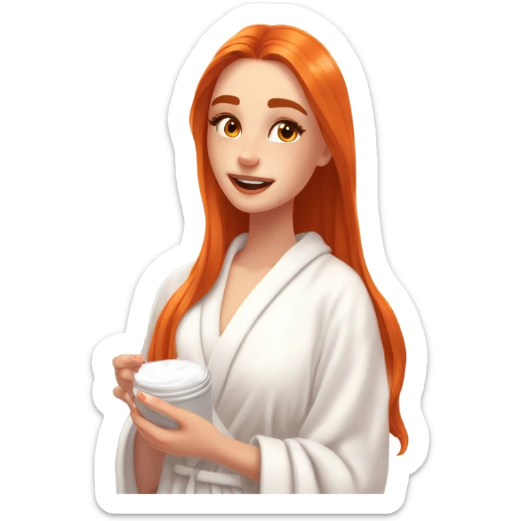 Girl putting cream on face bathroom red orange hair orange brown eyes beautiful face thick eyelashes pink lips gorgeous skinny fair skin white aesthetic tall girl doing skincare cozy robe hair in white towel sticker