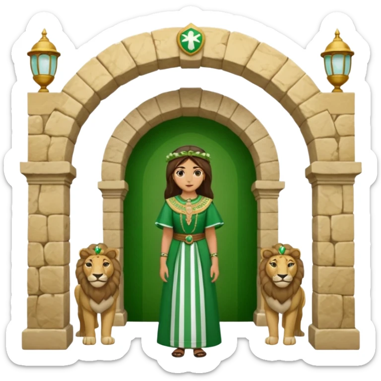 Andalousie drapeau 2 bande verte qui et une bande blanche au milieu avec une femme avec 1 lion de chaque coter d’elle sous un arc en pierre  sticker