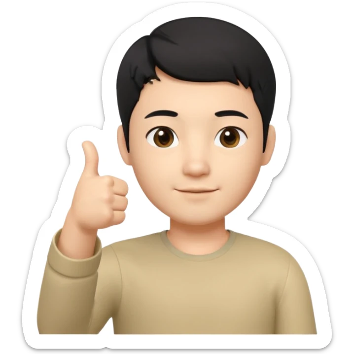 3D avatar of a Korean male frontend developer,
short black hair with clean 5:5 middle part,
no glasses,
one hand making thumbs up gesture,
calm and friendly expression,
minimal professional style sticker