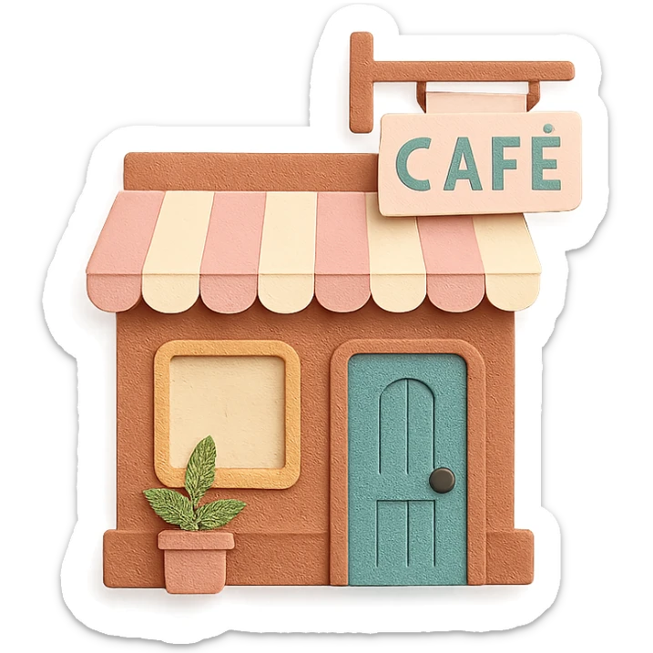 cozy coffee shop entrance with pastel hanging sign and cute details, hand-drawn soft pastel style sticker