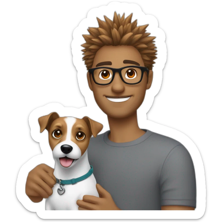 Man with spiky hair eñwith glasses with jack russell terrier dog sticker