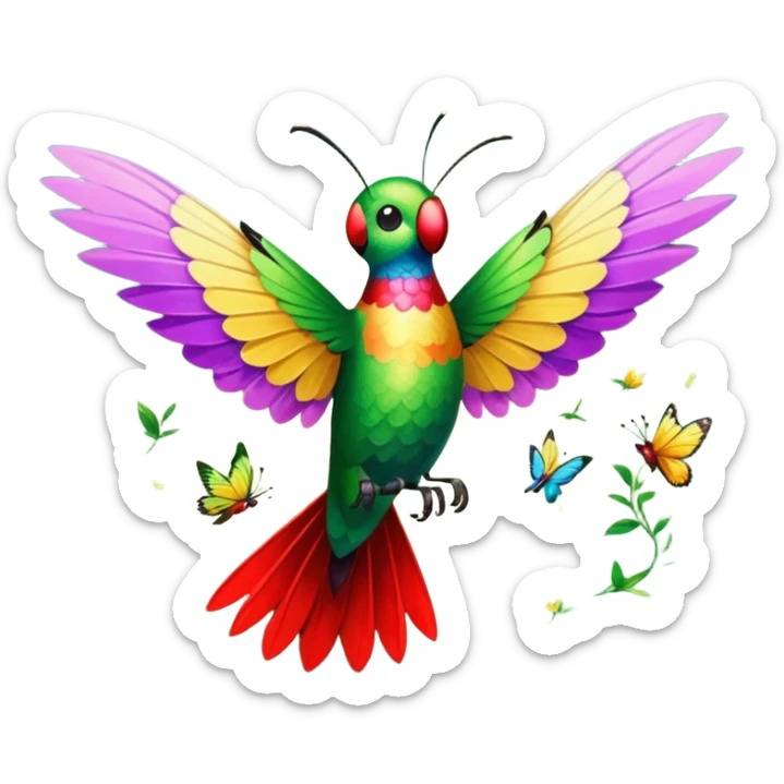 La la mañana se alegra entre flores y praderas ve avanzar mariposa bella y majestuosa entre colibrís sticker