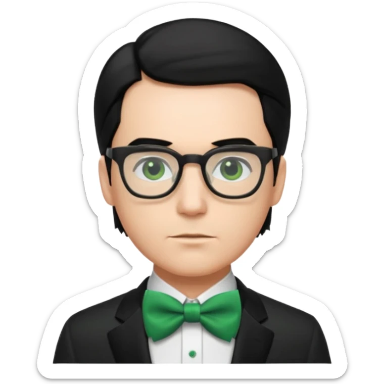 A male nerd with glasses and shoulder length black hair slicked back and wear Green Bow Tie sticker