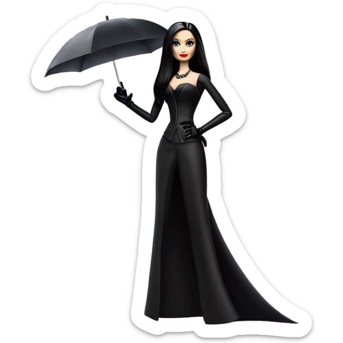 Stunning in the Spotlight Barbie, teen Morticia Addams,showing off, show full body,accessories  gloves umbrella  sticker