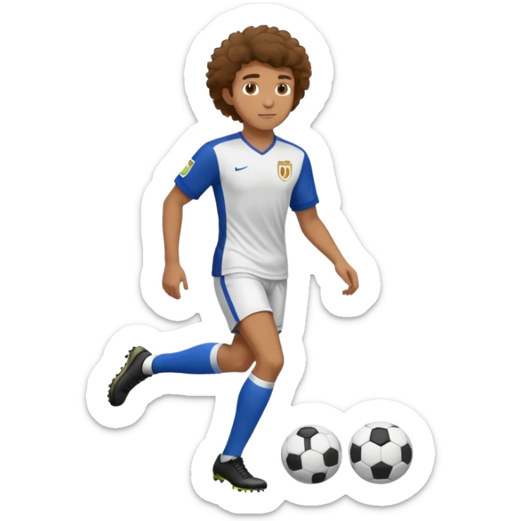 Slightly tan tall fit man with brown fluffy hair and a soccer jersey sticker