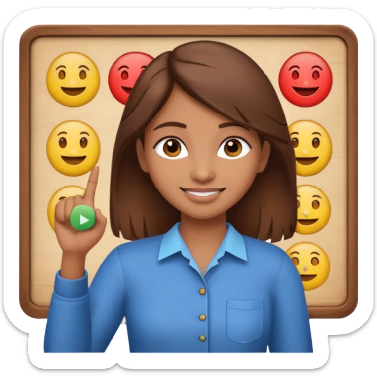 Make an emoji of a Indian origin but fair skinned girl with brown hair who is teaching how to make emojis on a board pointing to the board like a teacher sticker